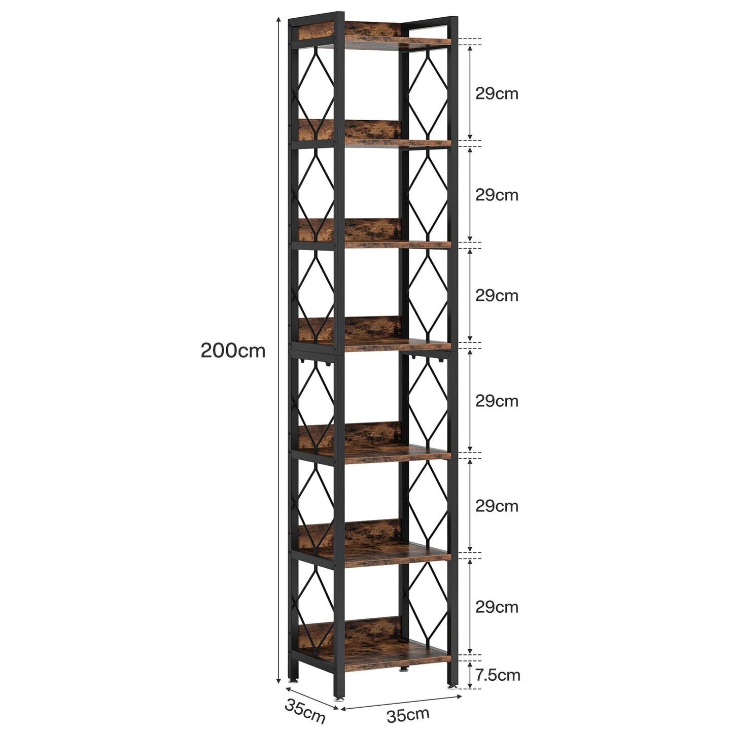 200cm Slim 6-Tier Industrial Bookshelf - Rustic Wood & Black Metal Display Tower