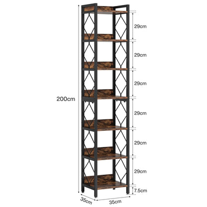 200cm Slim 6-Tier Industrial Bookshelf - Rustic Wood & Black Metal Display Tower
