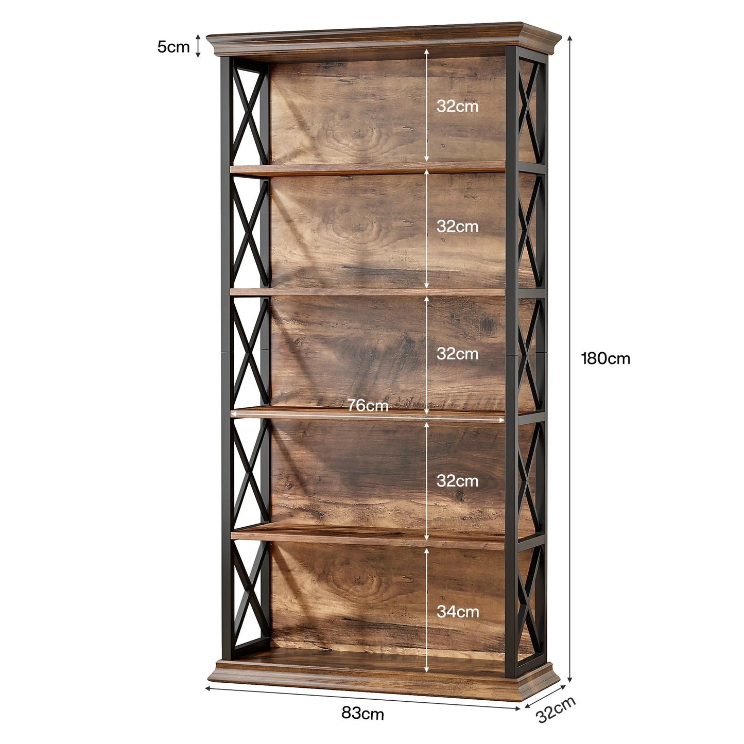 180cm 5-Tier Rustic Industrial Bookcase - Large Open Shelf Display & Storage