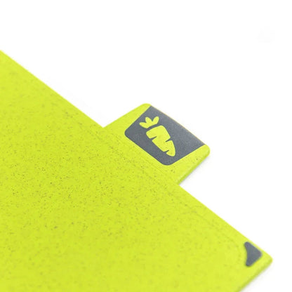 Green chopping board with a grey corner label featuring a logo on a white background