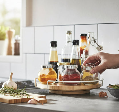 30cm Lazy Susan Wooden Spice Rack - 360-Degree Rotating Organiser
