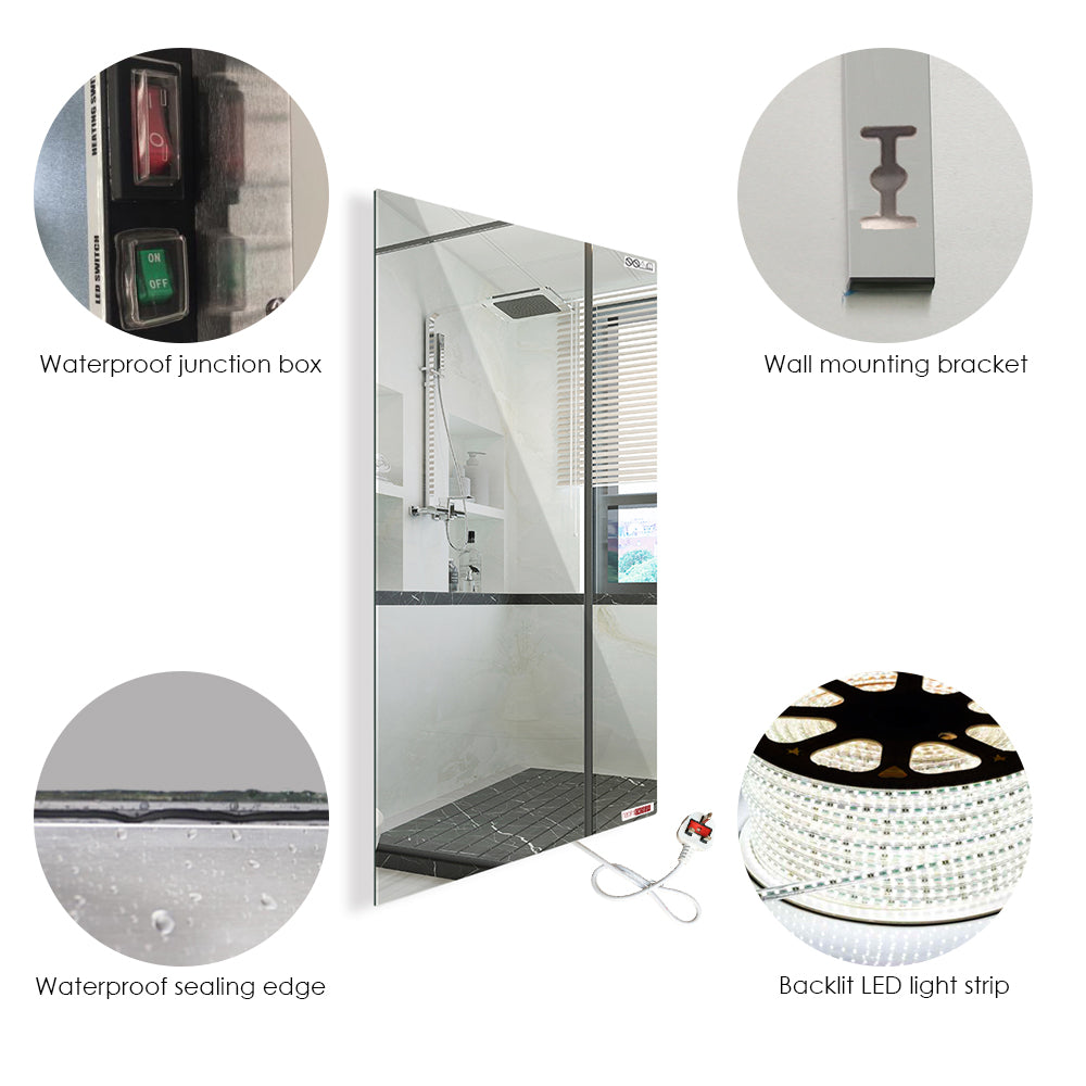 600 x 800mm LED Bathroom Mirror with 450W Infrared Heater – Dimmable CCT Colour Changing Lights, Plug and Play