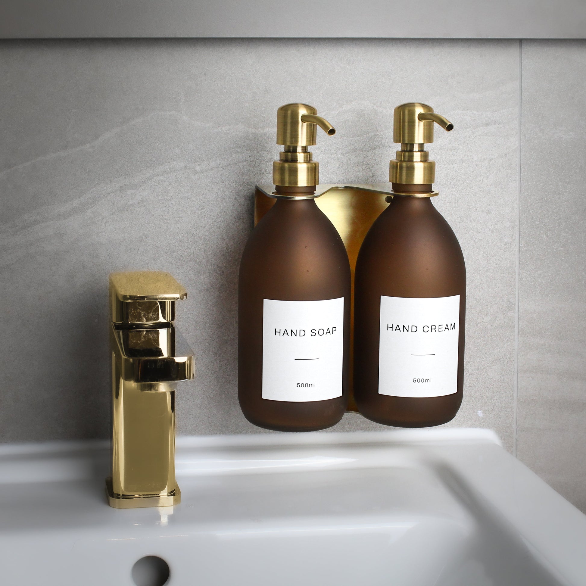 Namie Gold Wall Bracket & Frosted Amber Glass Dispenser Set