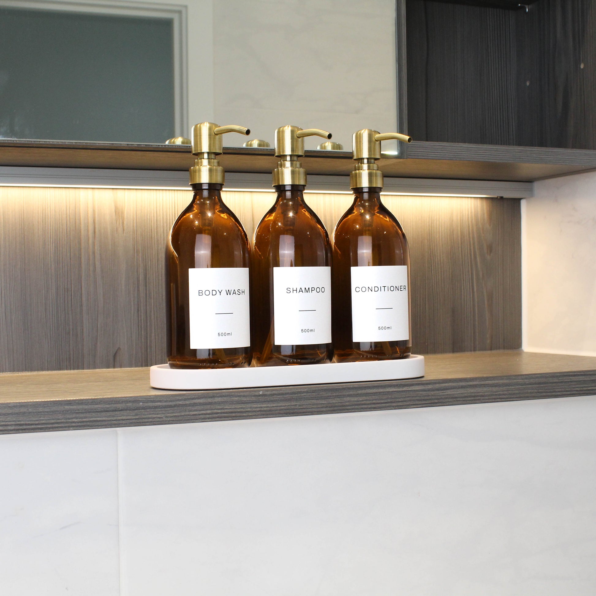 Namie Amber Glass Soap Dispenser Triple Set with White Concrete Tray