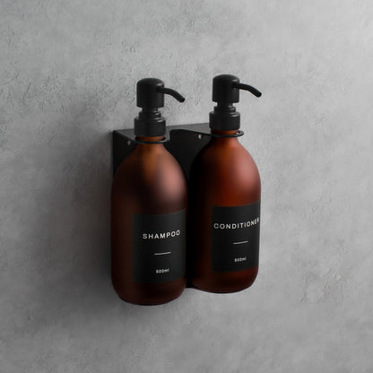 Namie Matte Black Wall Mounted Dispenser Bracket Set with Frosted Amber Glass Bottles