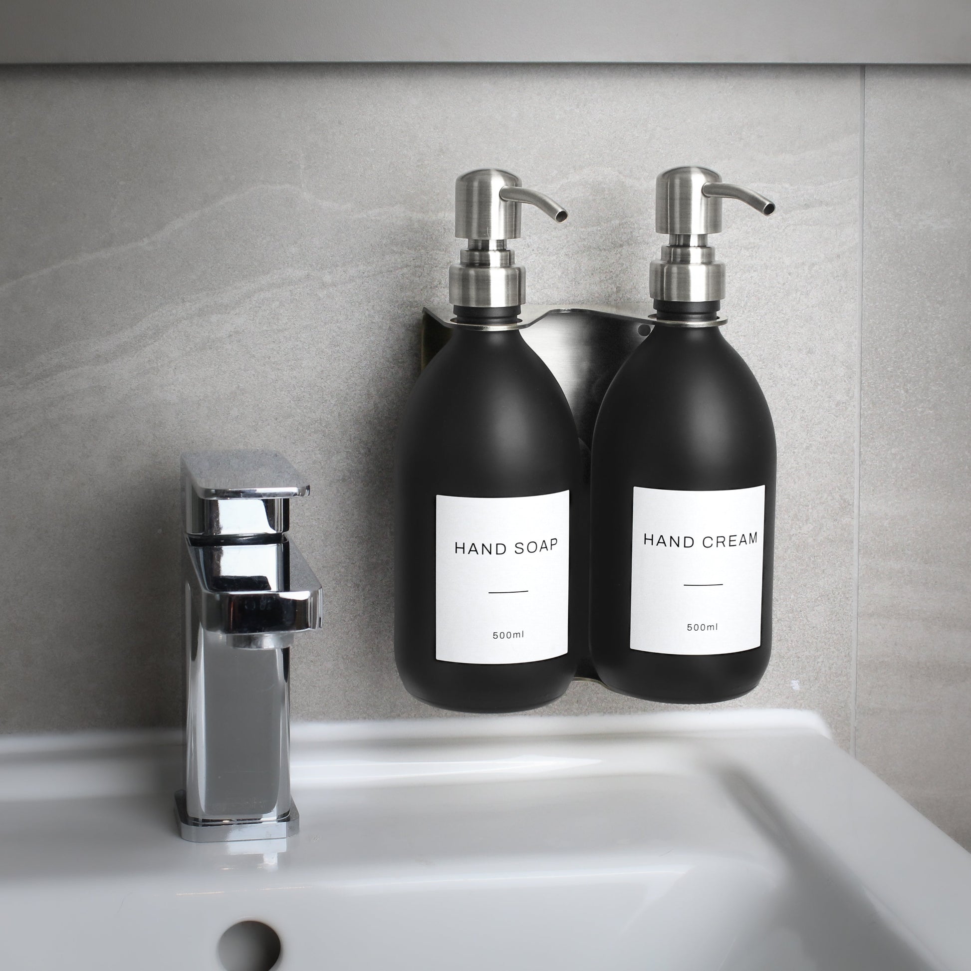 Namie Silver Wall Mounted Dispenser Bracket Set with Matte Black Bottles