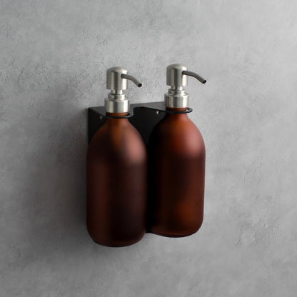Namie Matte Black Wall Mounted Dispenser Bracket Set with Frosted Amber Glass Bottles