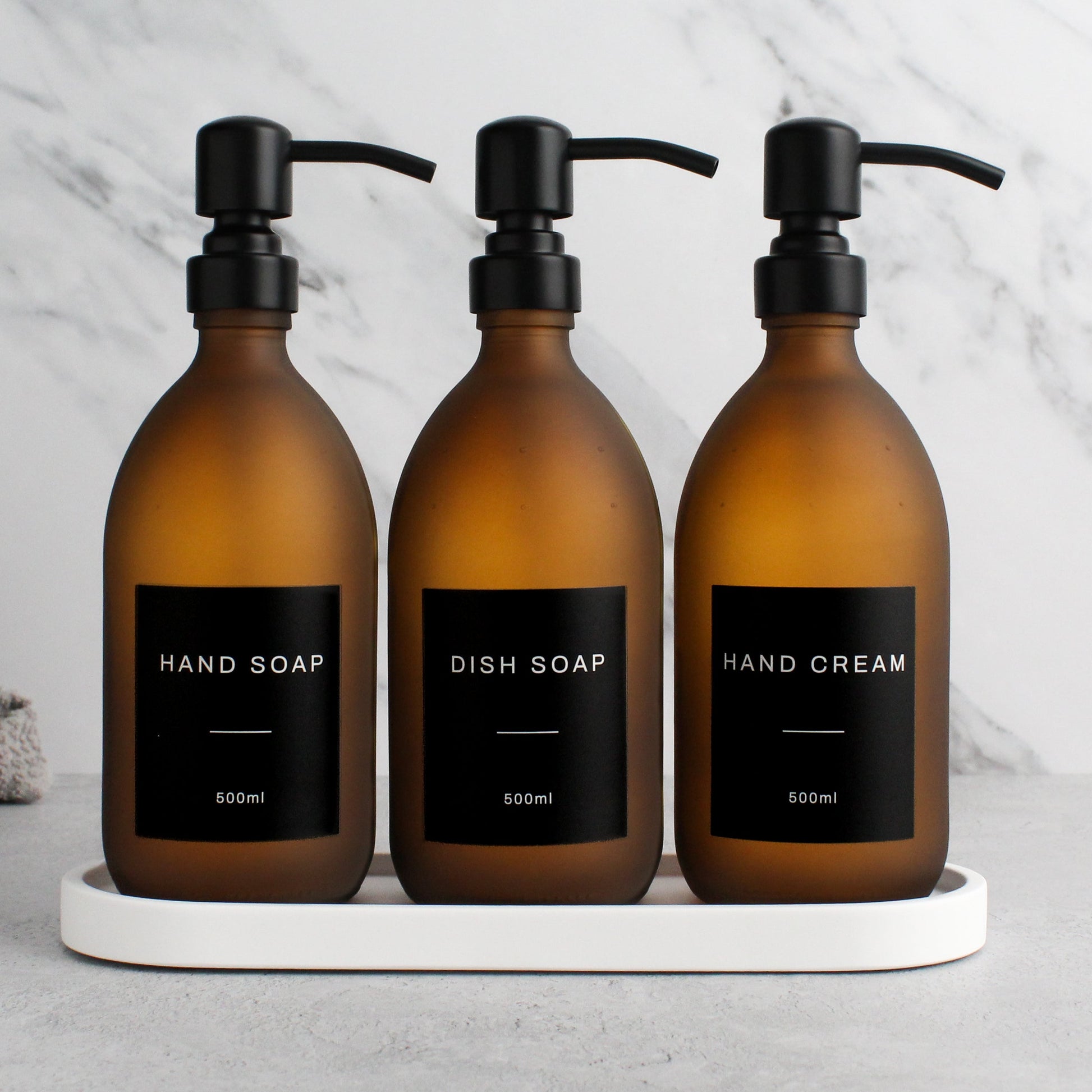 Namie White Tray & Frosted Amber Glass Dispenser Triple Set