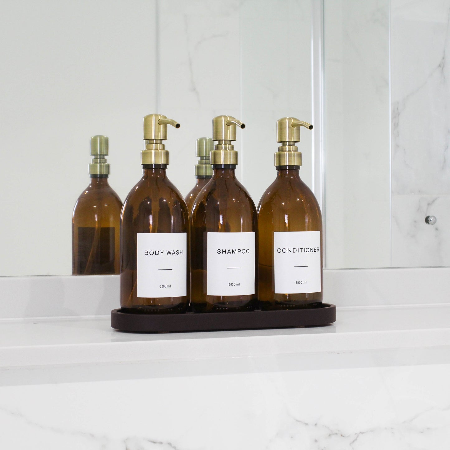 Namie Amber Glass Soap Dispenser Triple Set with Black Concrete Tray
