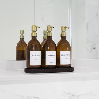 Namie Amber Glass Soap Dispenser Triple Set with Black Concrete Tray
