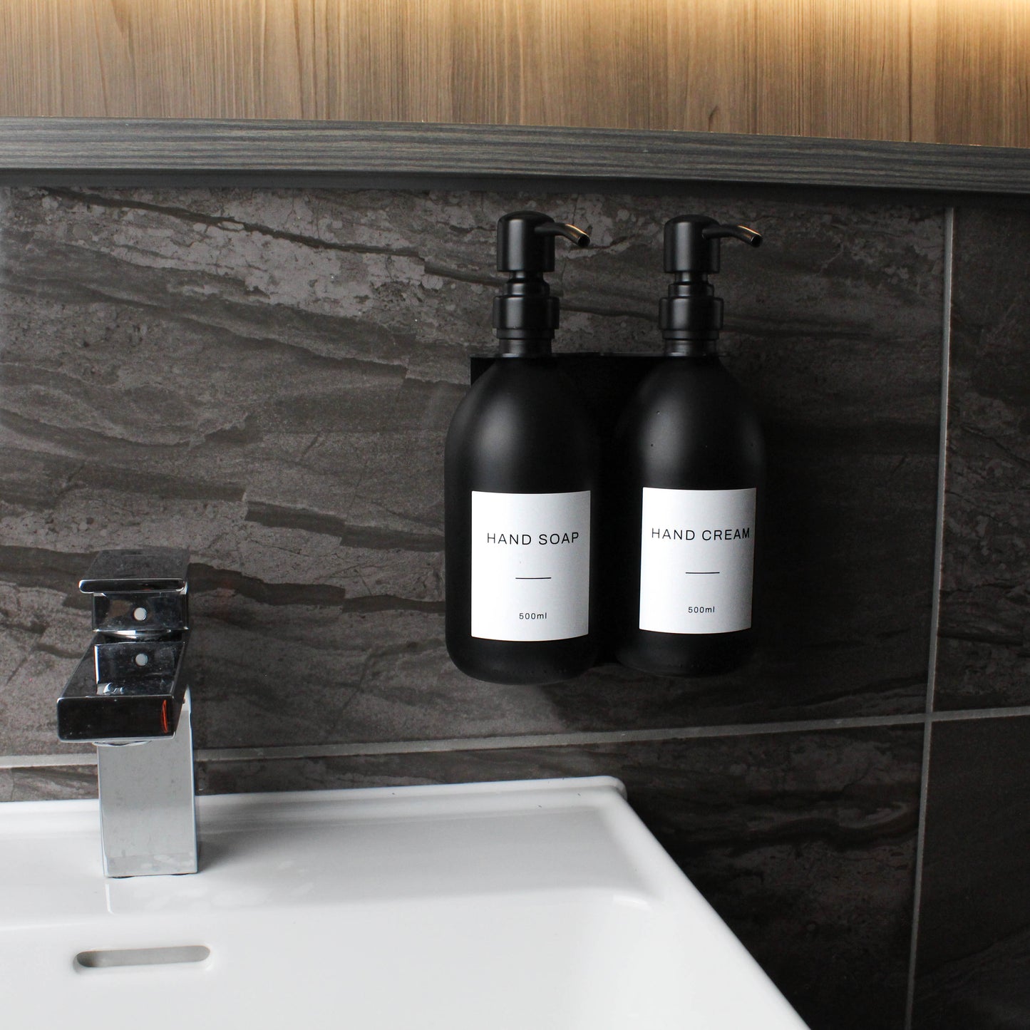 Namie Matte Black Wall Mounted Dispenser Bracket Set with Matte Black Bottles