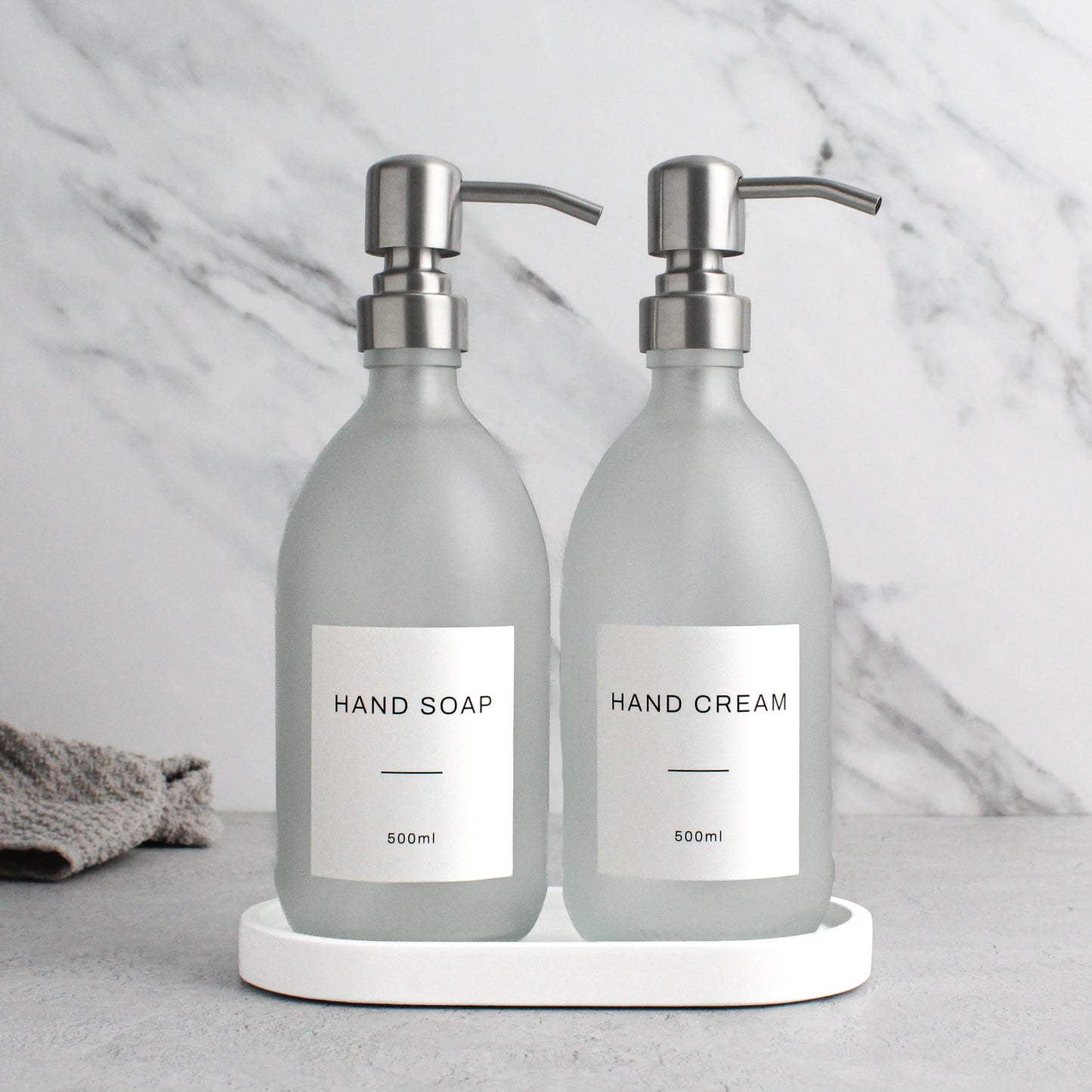 Frosted White Glass Soap Dispenser Set with Concrete Tray