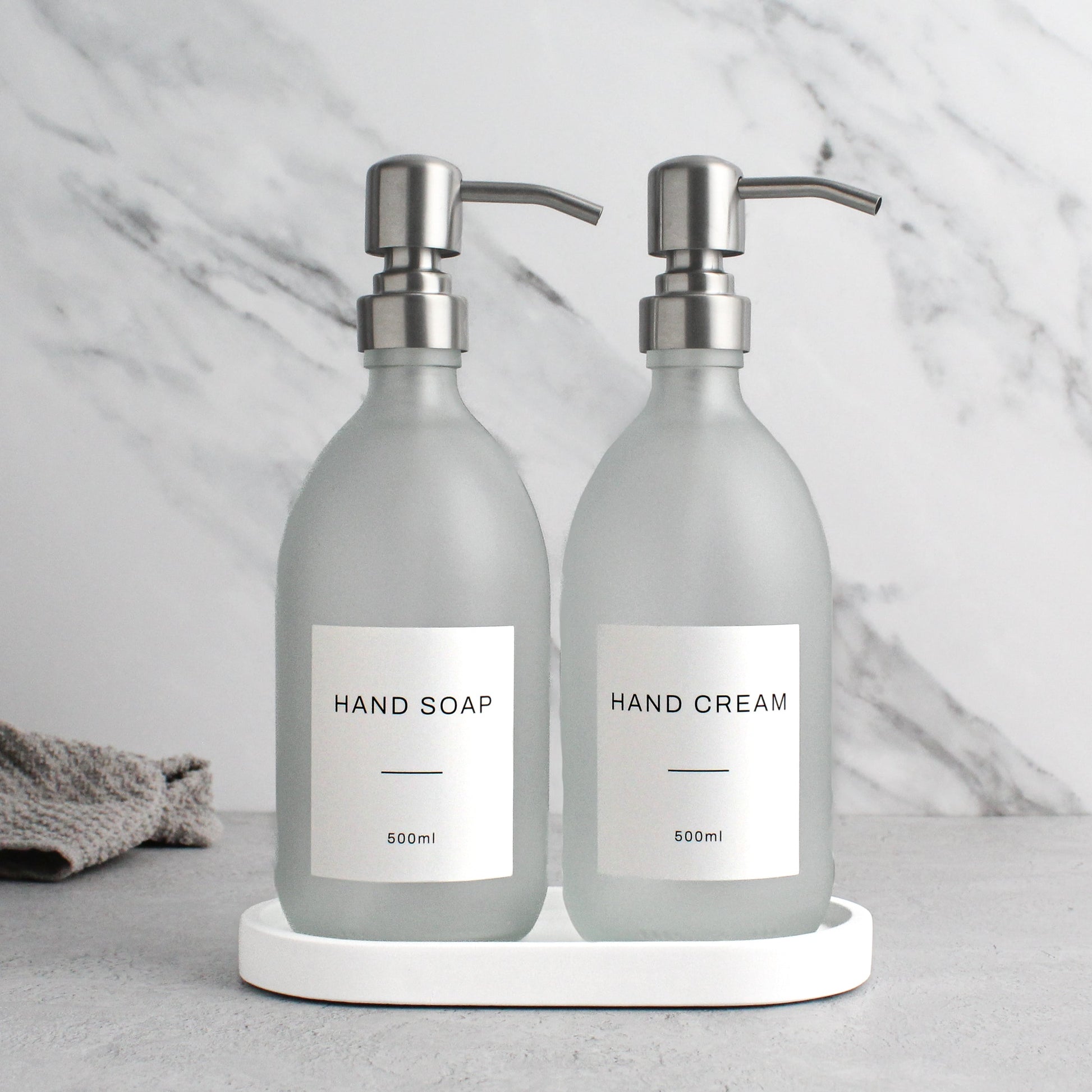 Frosted White Glass Soap Dispenser Set with Concrete Tray