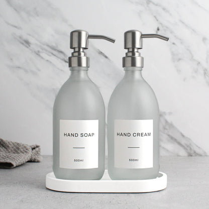 Frosted White Glass Soap Dispenser Set with Concrete Tray