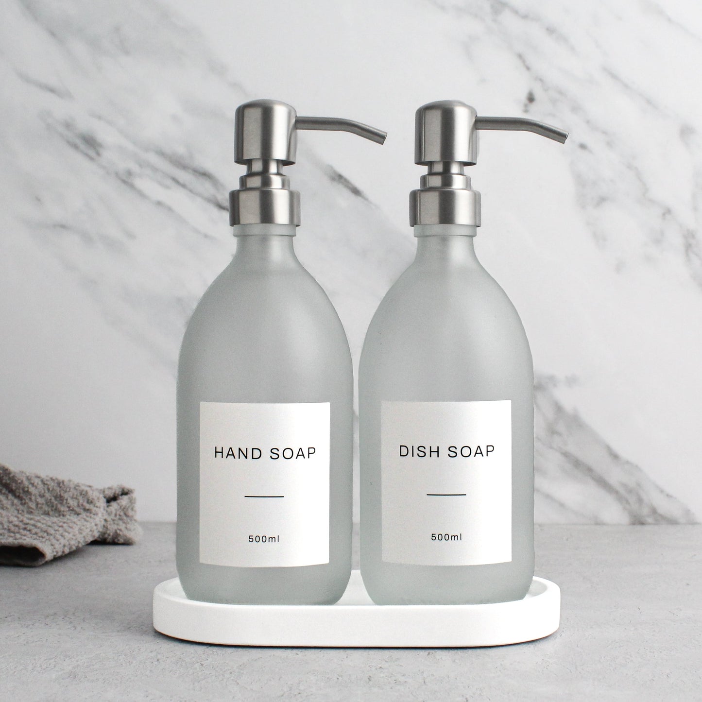 Frosted White Glass Soap Dispenser Set with Concrete Tray
