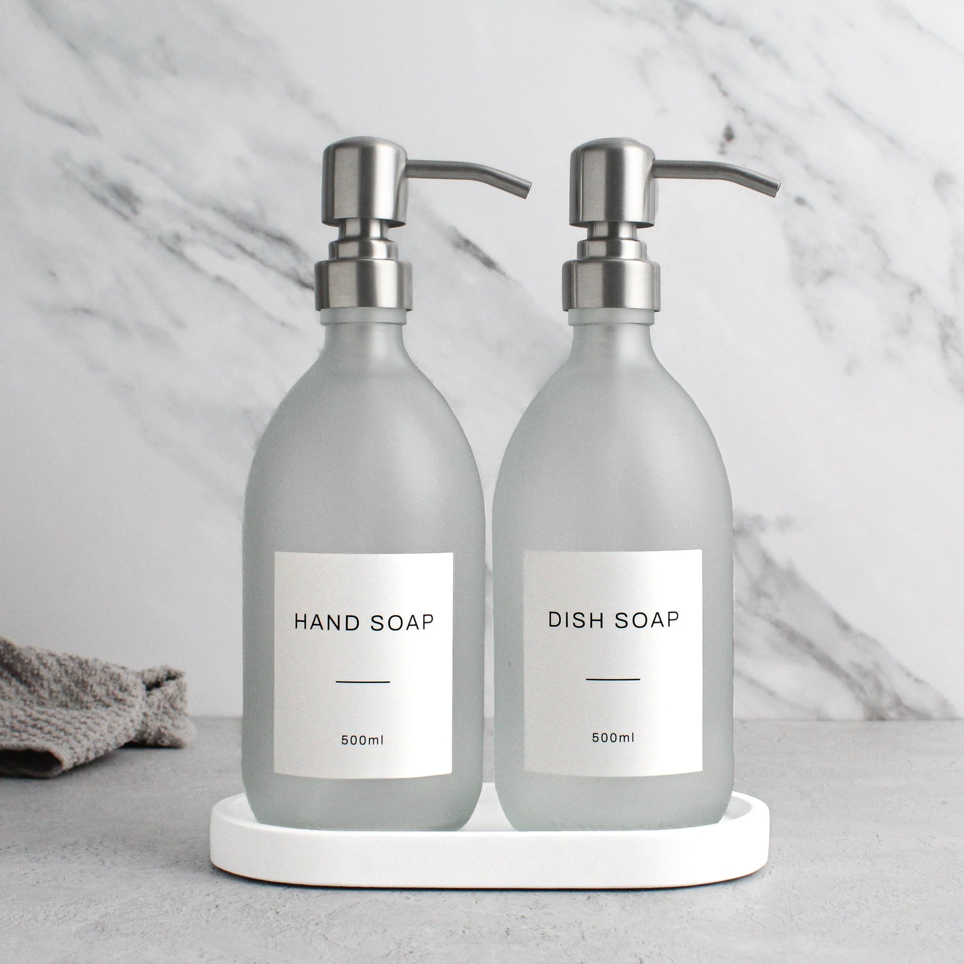 Frosted White Glass Soap Dispenser Set with Concrete Tray