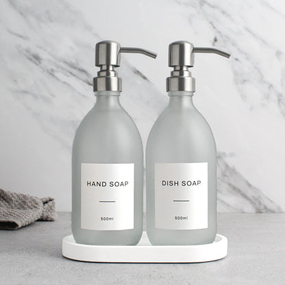 Frosted White Glass Soap Dispenser Set with Concrete Tray