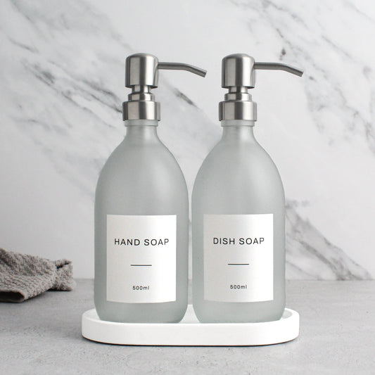Frosted White Glass Soap Dispenser Set with Concrete Tray