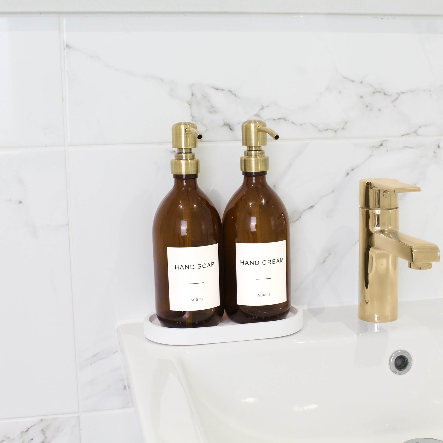 Namie White Concrete Tray & Amber Glass Dispenser Double Set
