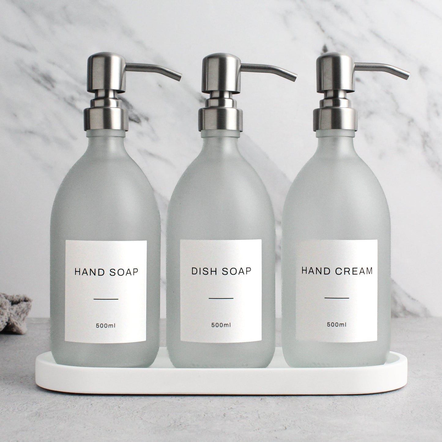 Namie Frosted White Glass Soap Dispenser Triple Set with White Concrete Tray