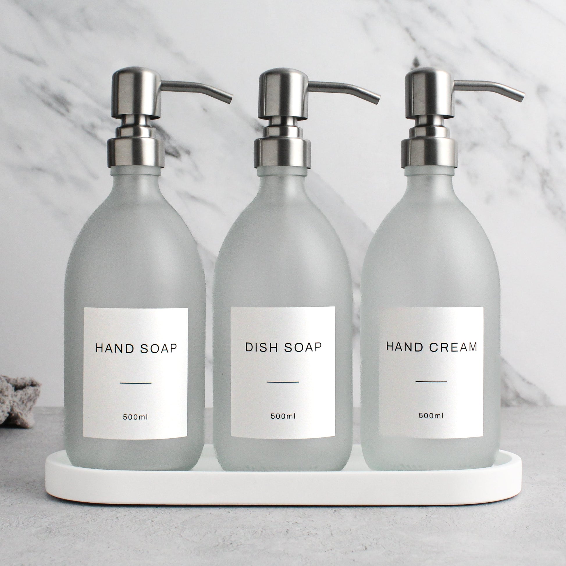 Namie Frosted White Glass Soap Dispenser Triple Set with White Concrete Tray