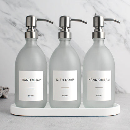 Namie Frosted White Glass Soap Dispenser Triple Set with White Concrete Tray