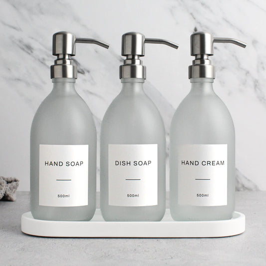 Namie Frosted White Glass Soap Dispenser Triple Set with White Concrete Tray