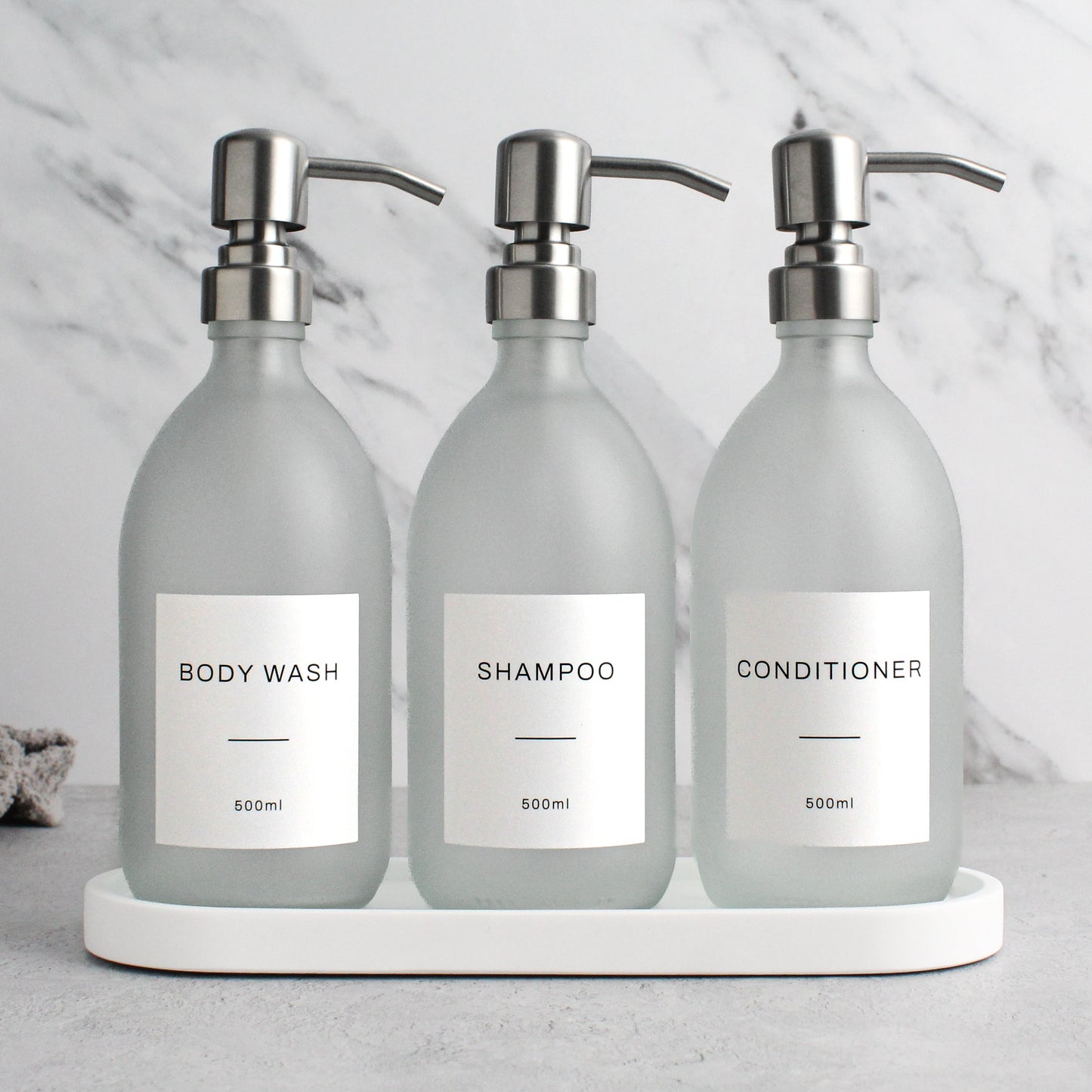 Namie Frosted White Glass Soap Dispenser Triple Set with White Concrete Tray