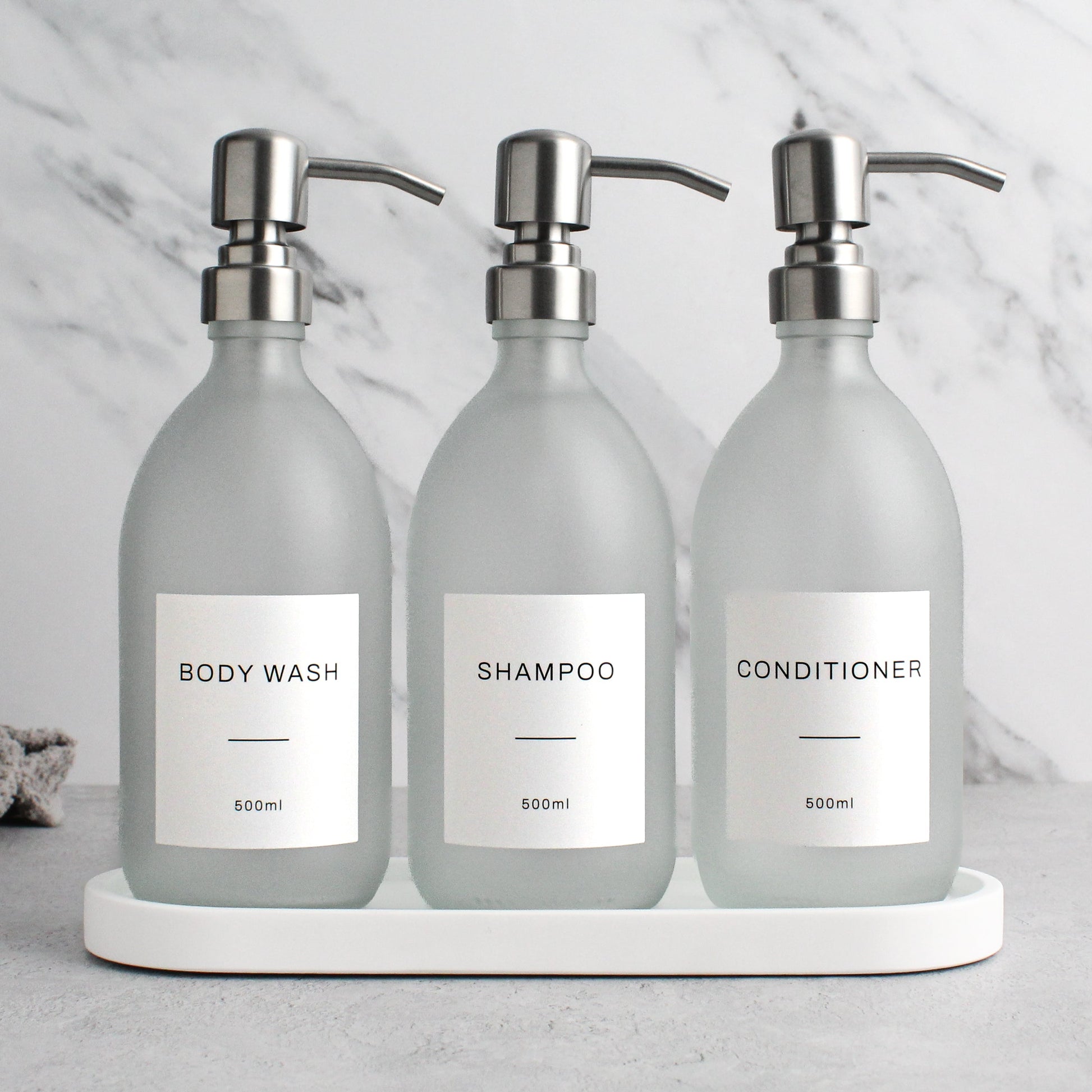 Namie Frosted White Glass Soap Dispenser Triple Set with White Concrete Tray
