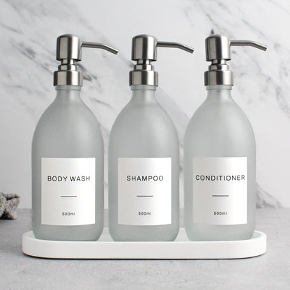 Namie Frosted White Glass Soap Dispenser Triple Set with White Concrete Tray