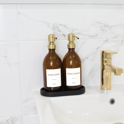 Namie Amber Glass Soap Dispenser Double Set with Black Concrete Tray