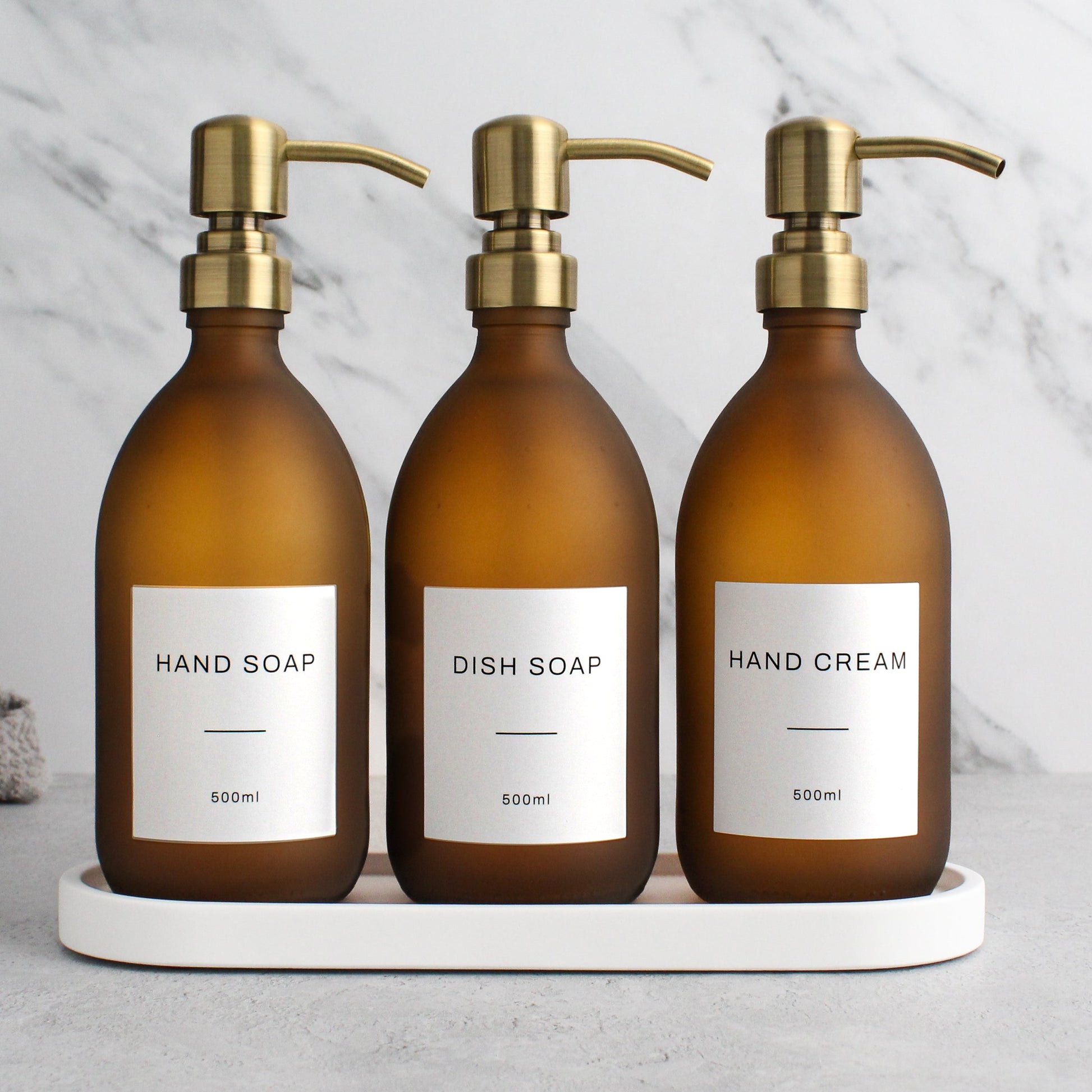 Namie White Tray & Frosted Amber Glass Dispenser Triple Set