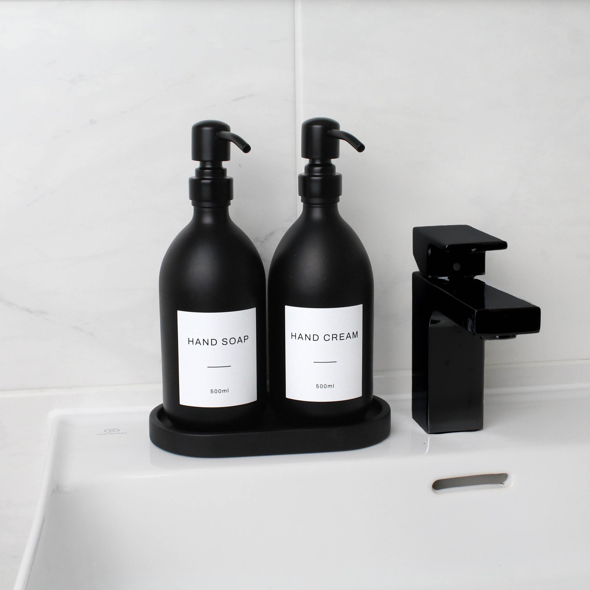 Namie Black Concrete Tray & Matte Black Glass Dispenser Double Set