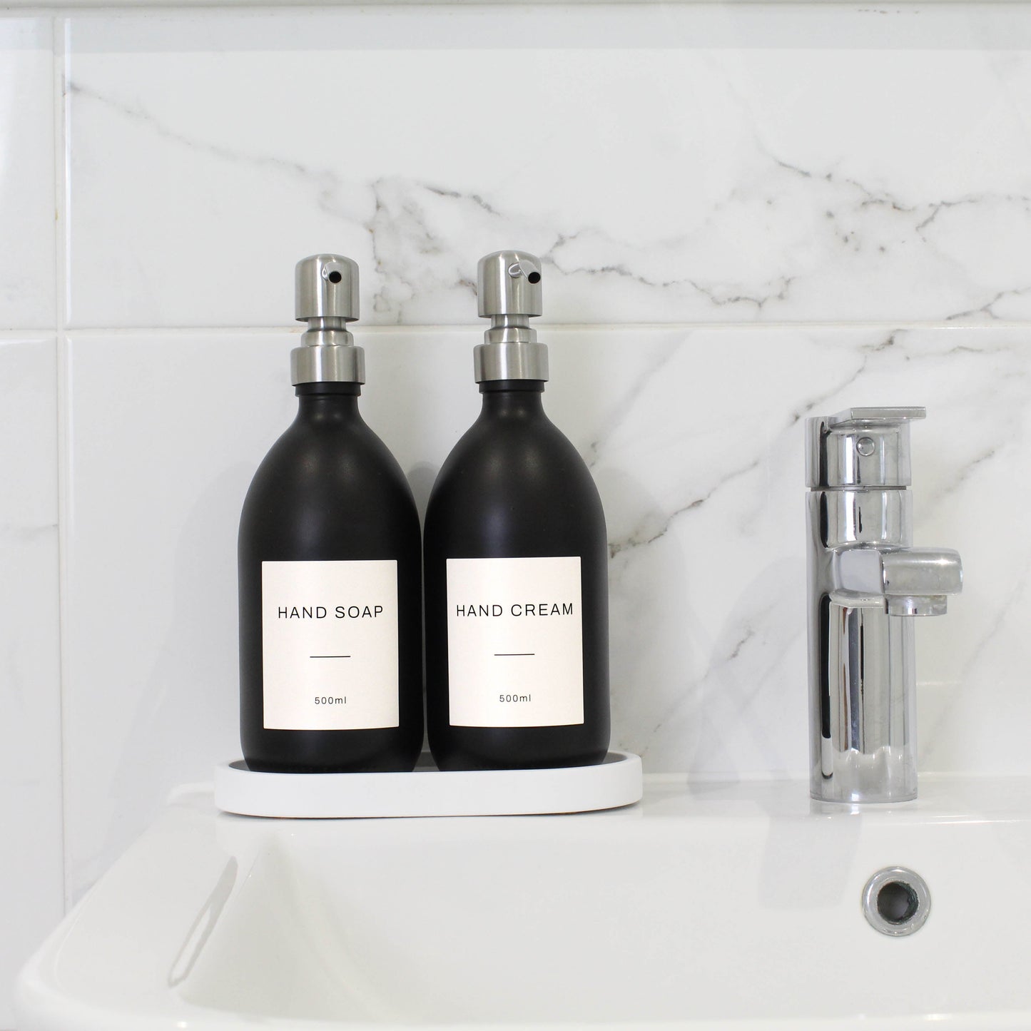 Namie Matte Black Glass Soap Dispenser Double Set with White Concrete Tray