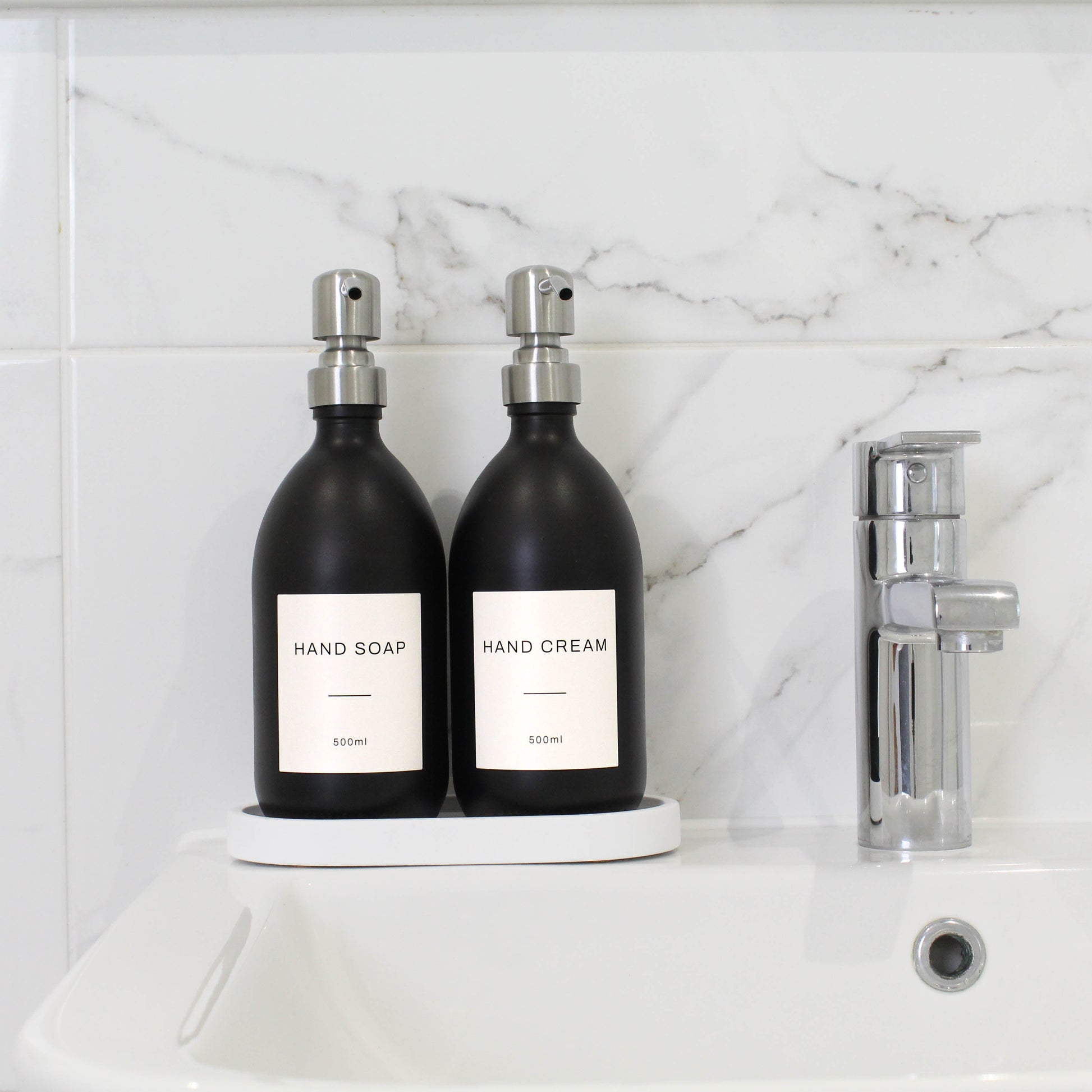 Namie Matte Black Glass Soap Dispenser Double Set with White Concrete Tray