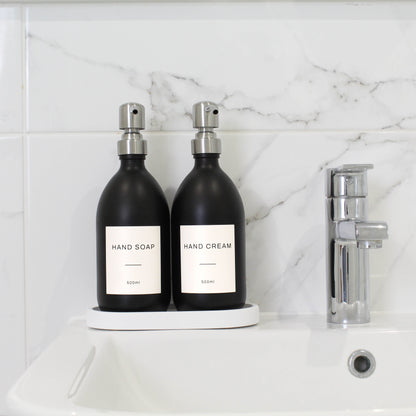 Namie Matte Black Glass Soap Dispenser Double Set with White Concrete Tray