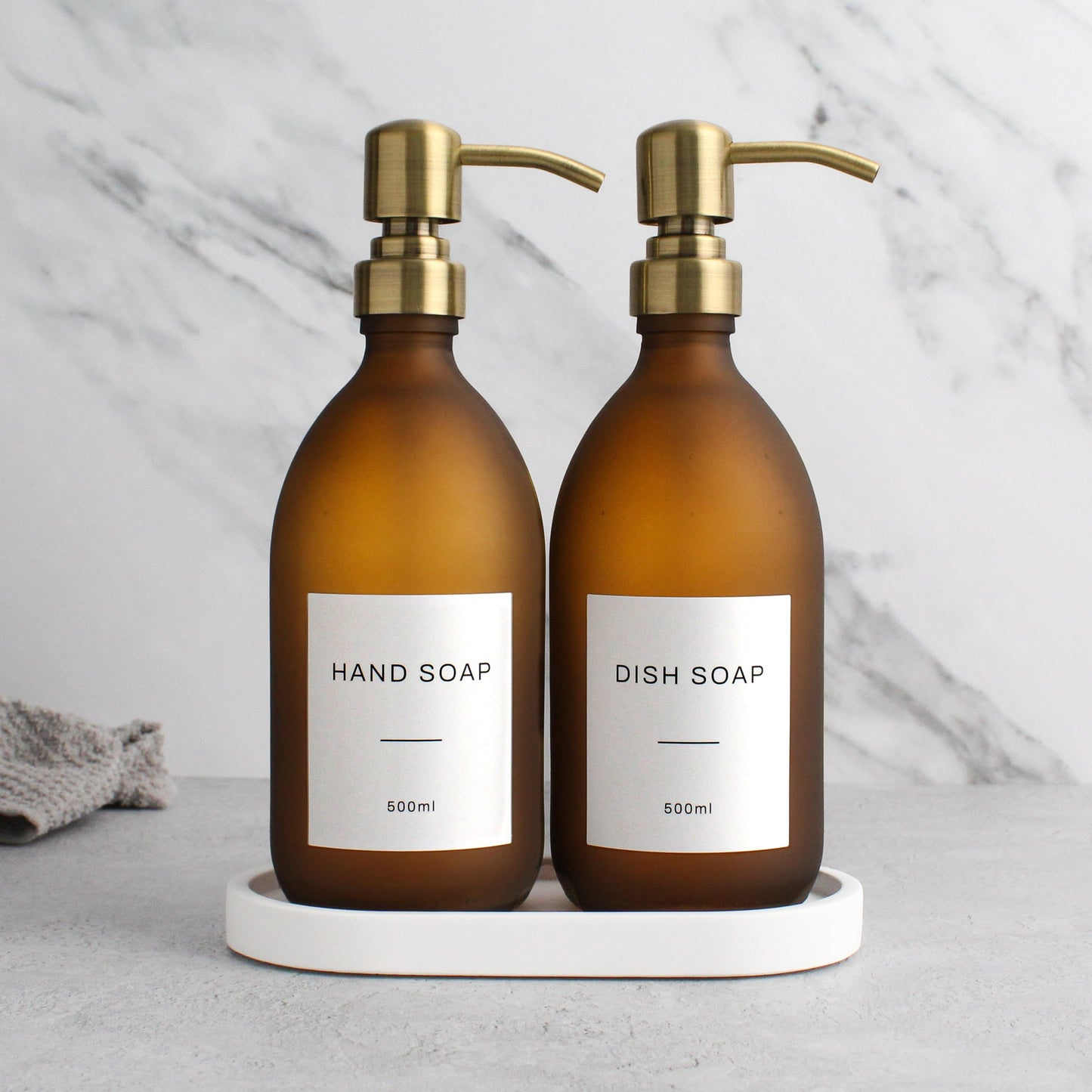 Namie White Tray & Frosted Amber Glass Dispenser Double Set