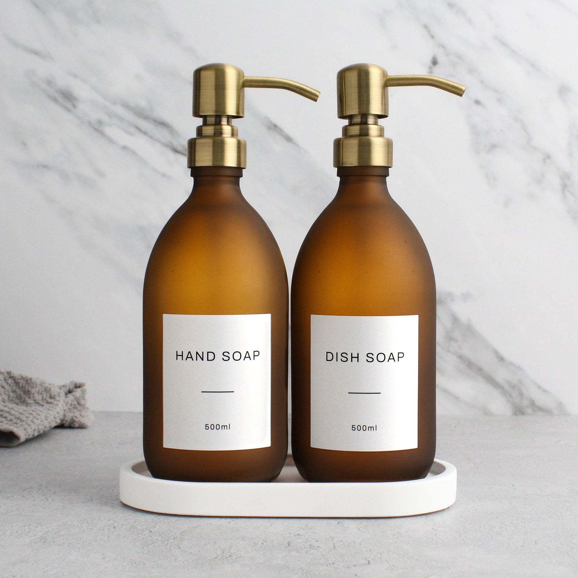 Namie White Tray & Frosted Amber Glass Dispenser Double Set