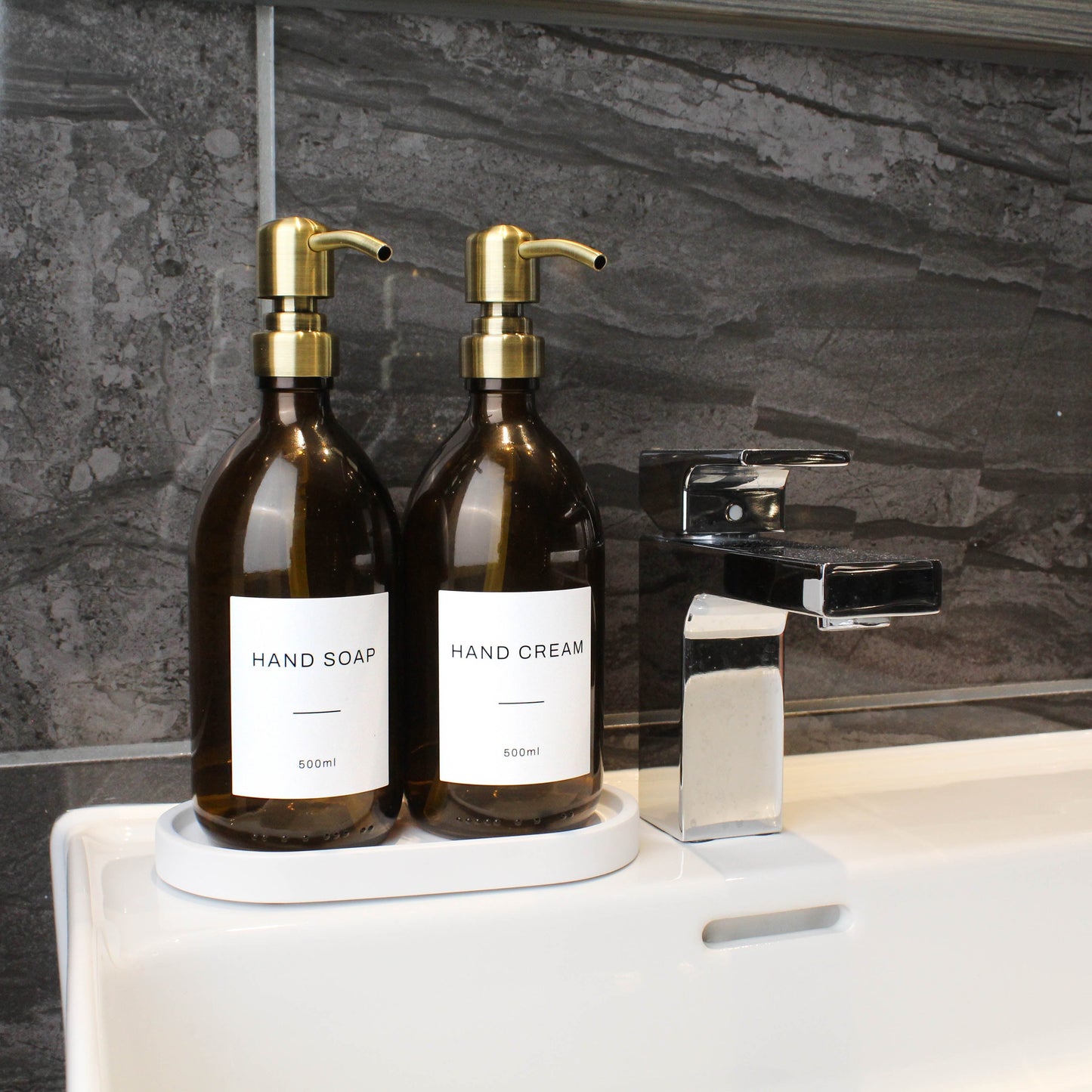 Namie White Concrete Tray & Amber Glass Dispenser Double Set