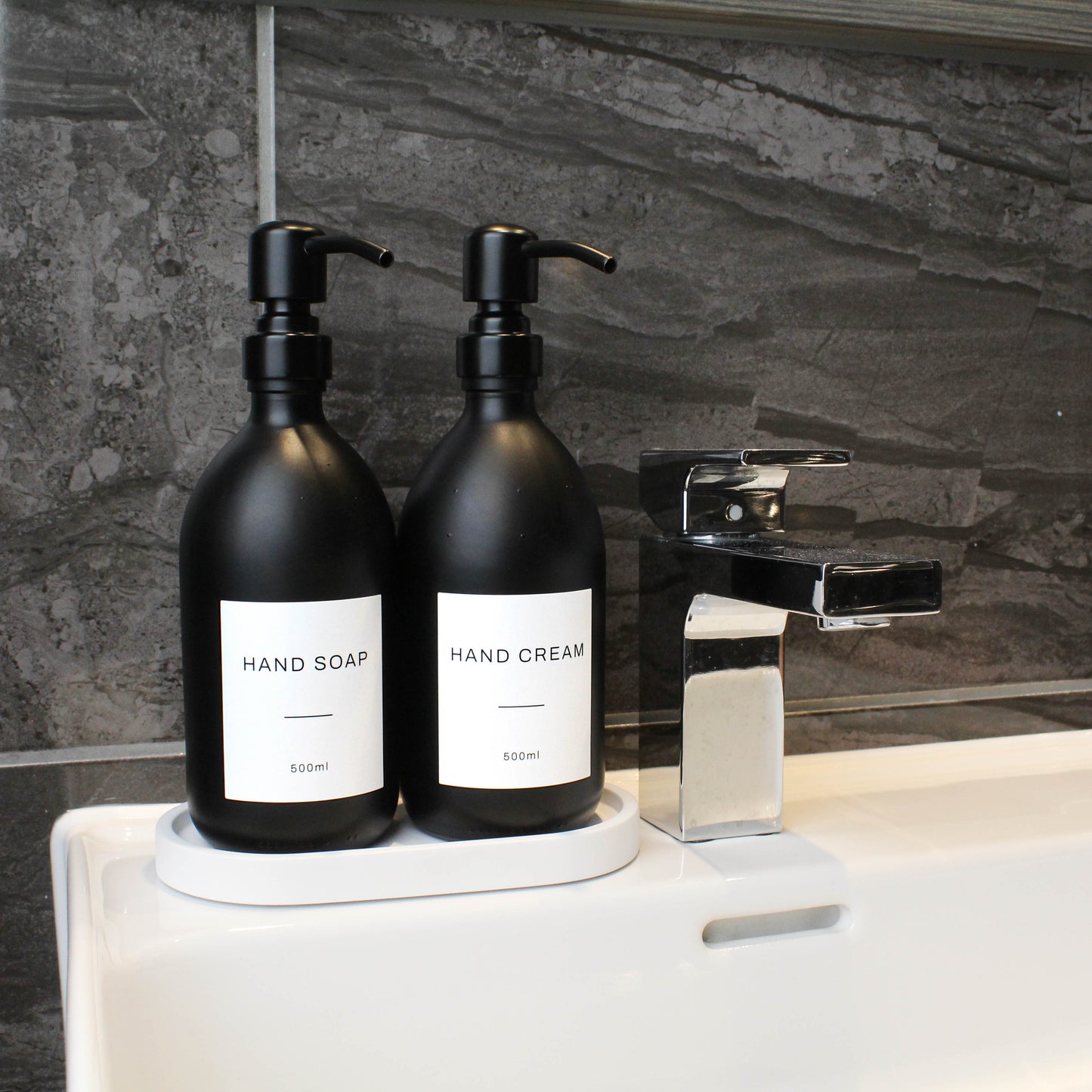 Namie Matte Black Glass Soap Dispenser Double Set with White Concrete Tray