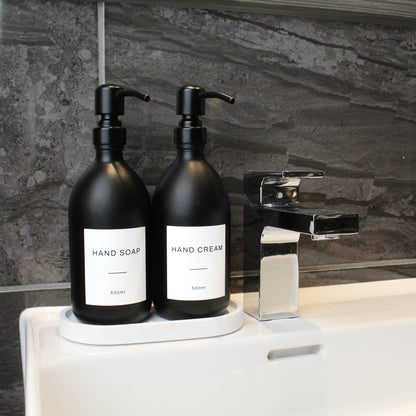 Namie Matte Black Glass Soap Dispenser Double Set with White Concrete Tray