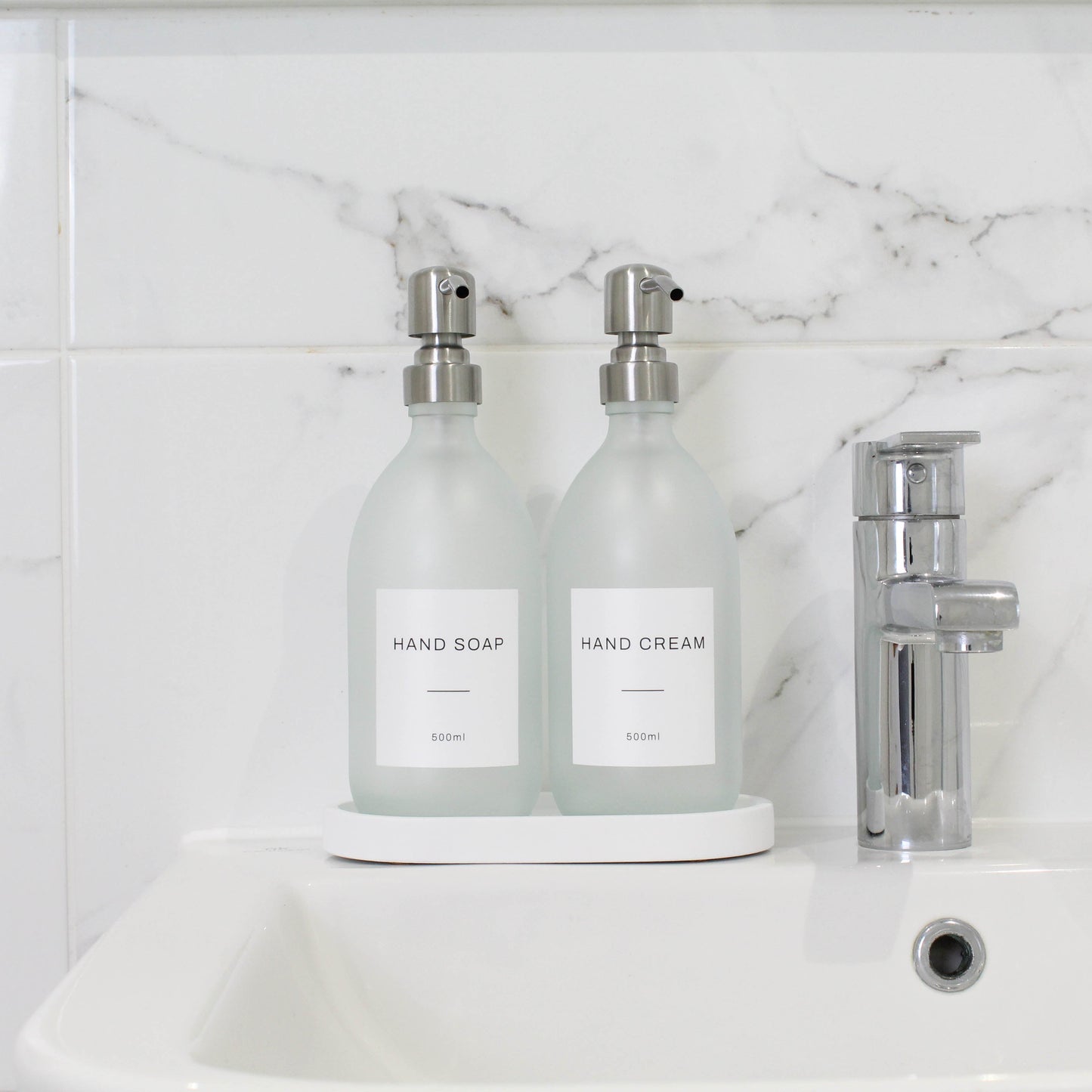 Frosted White Glass Soap Dispenser Set with Concrete Tray