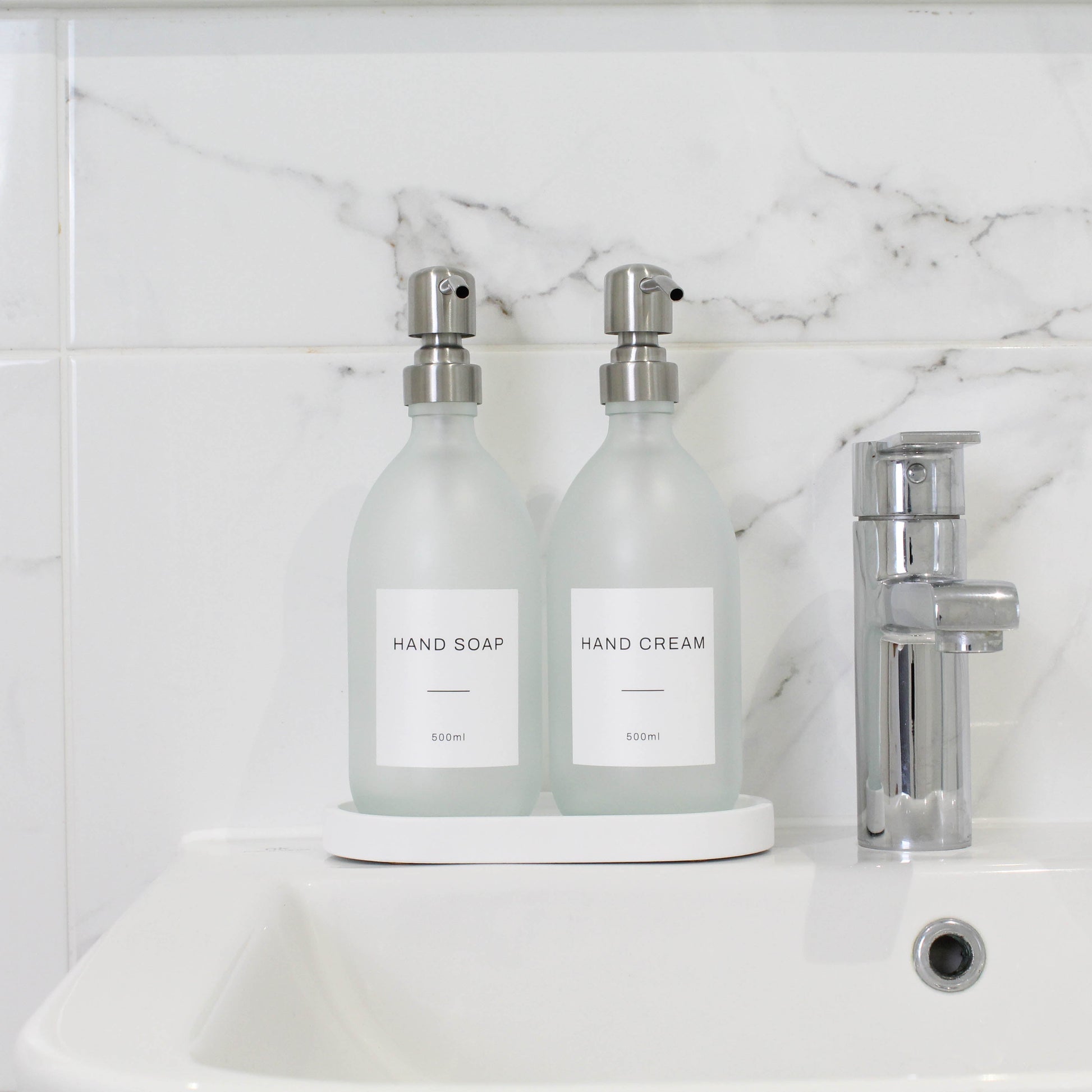 Frosted White Glass Soap Dispenser Set with Concrete Tray