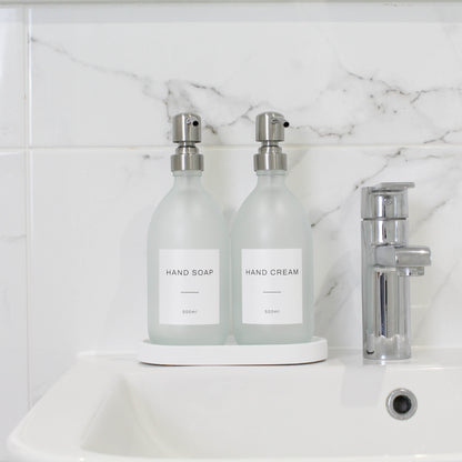 Frosted White Glass Soap Dispenser Set with Concrete Tray