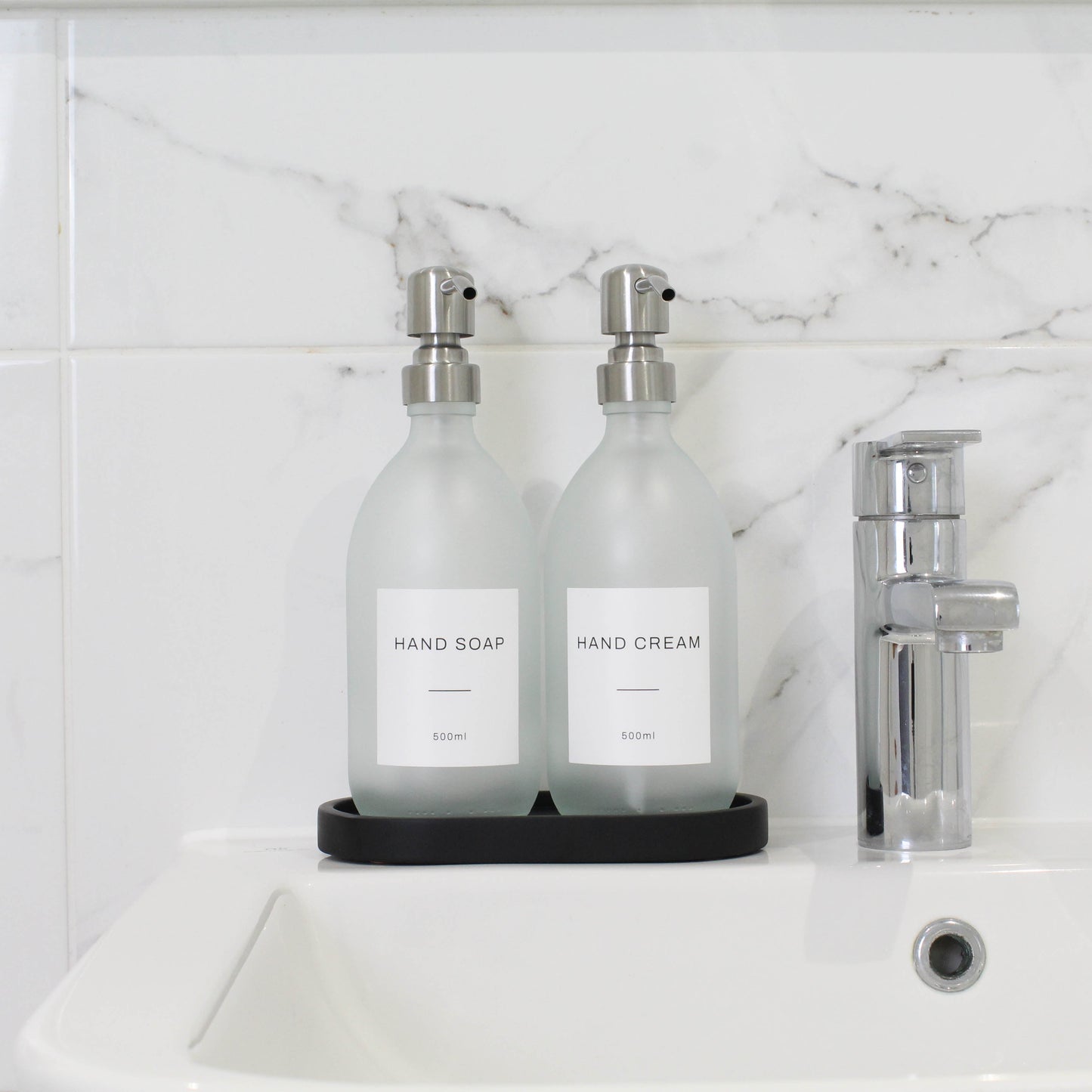 Frosted White Glass Soap Dispenser Set with Black Concrete Tray