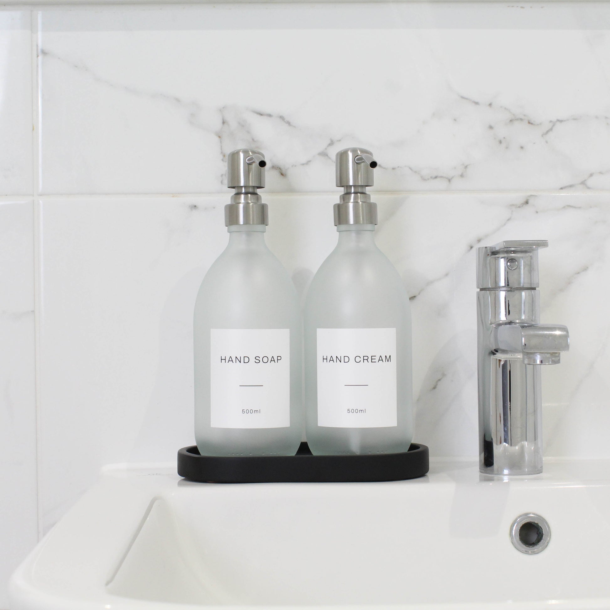Frosted White Glass Soap Dispenser Set with Black Concrete Tray