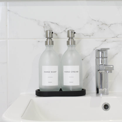 Frosted White Glass Soap Dispenser Set with Black Concrete Tray