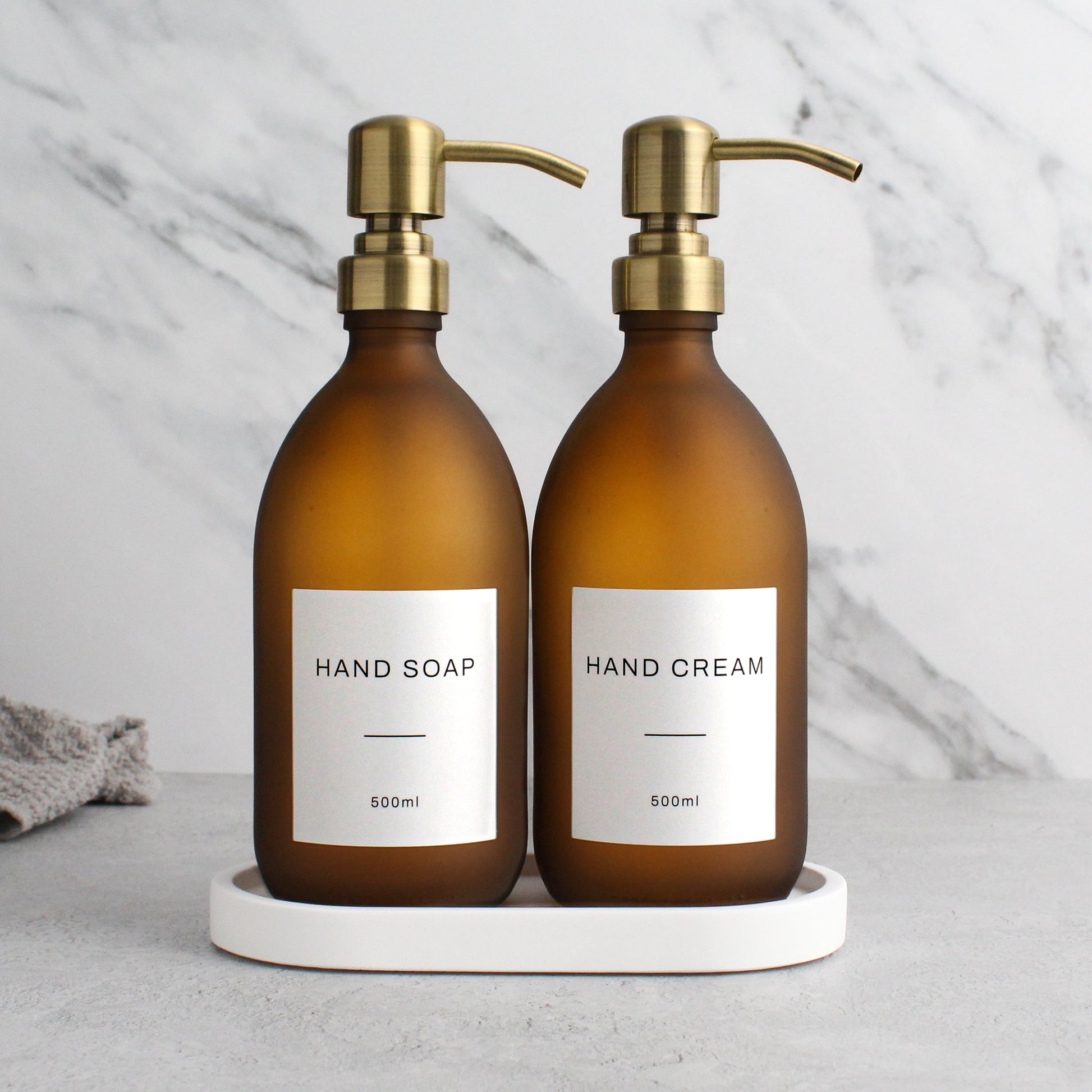 Namie White Tray & Frosted Amber Glass Dispenser Double Set
