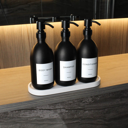 Namie Matte Black Glass Soap Dispenser Triple Set with White Concrete Tray