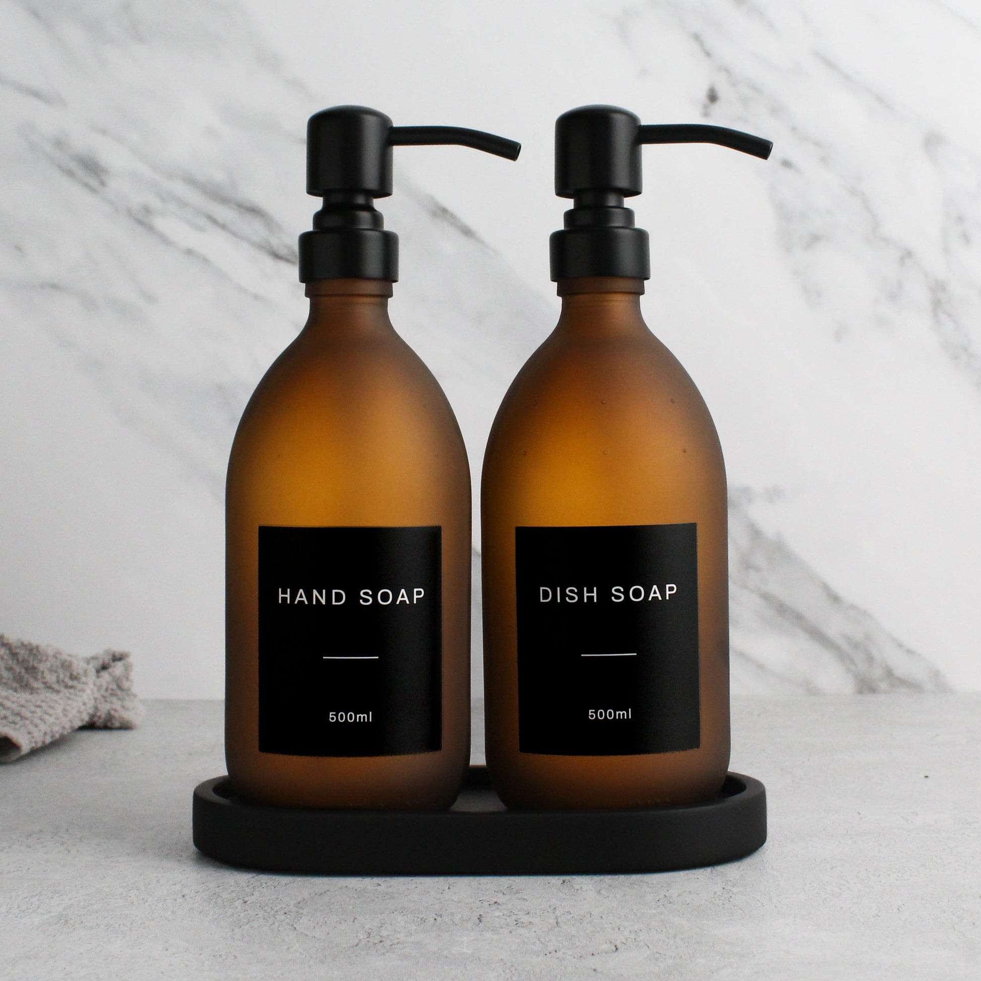 Namie Frosted Amber Glass Soap Dispenser Double Set with Black Concrete Tray